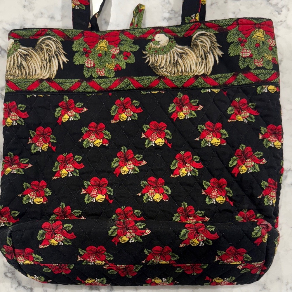 Vera Bradley Black and Red Chanticleer Hens and Holly Christmas Floral Tote